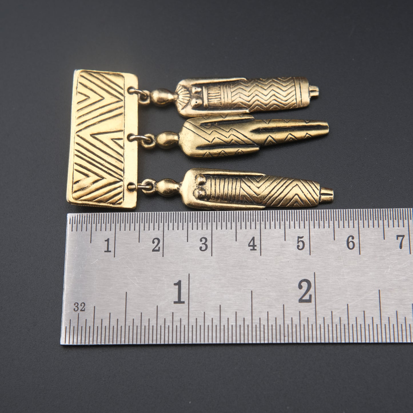 Vintage Signed Laurel Burch Tribal People Dangle Brooch – Gold Tone Bar Pin with Three Figures