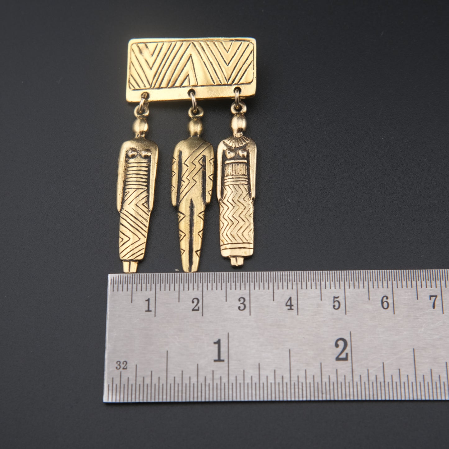 Vintage Signed Laurel Burch Tribal People Dangle Brooch – Gold Tone Bar Pin with Three Figures