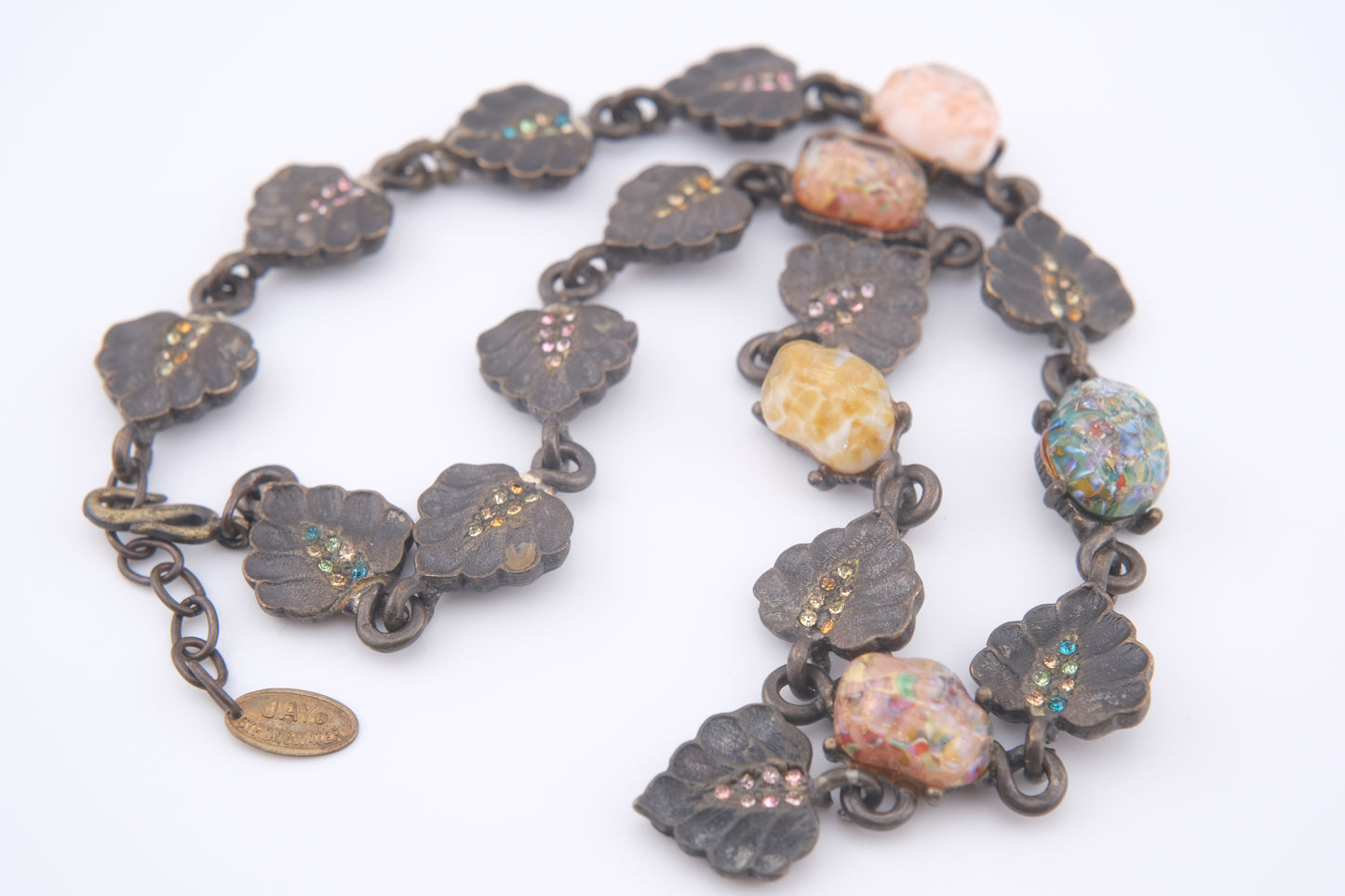 Vintage Jay Strongwater Floral Leaf Necklace with Murano-Style Art Glass & Rhinestones