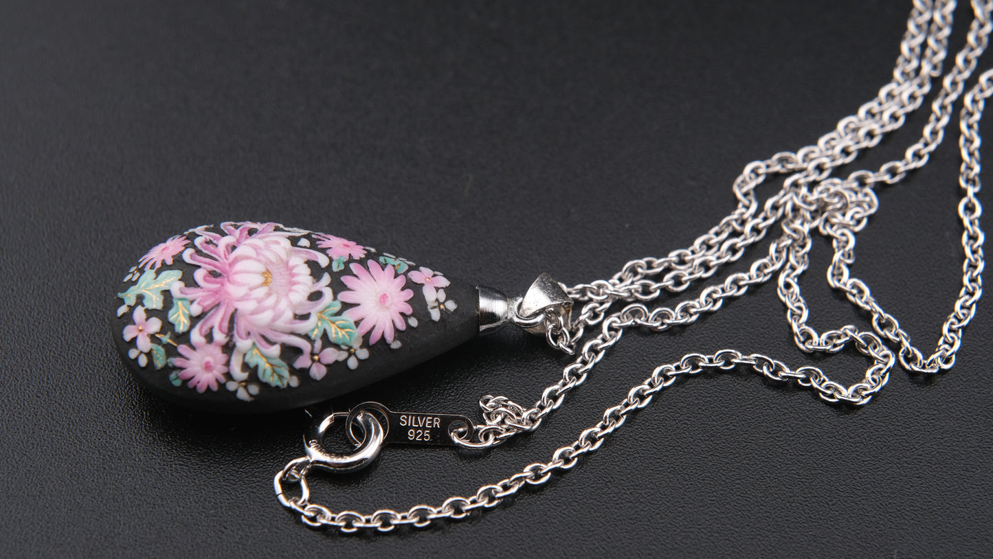 Toshikane Arita Double-Sided Porcelain Chrysanthemum Pendant Necklace with Sterling Silver Chain