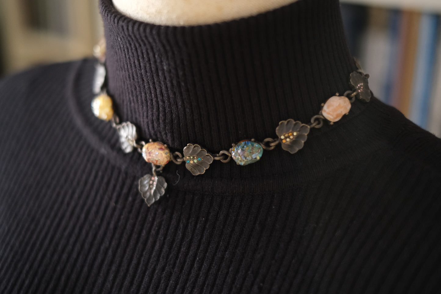 Vintage Jay Strongwater Floral Leaf Necklace with Murano-Style Art Glass & Rhinestones