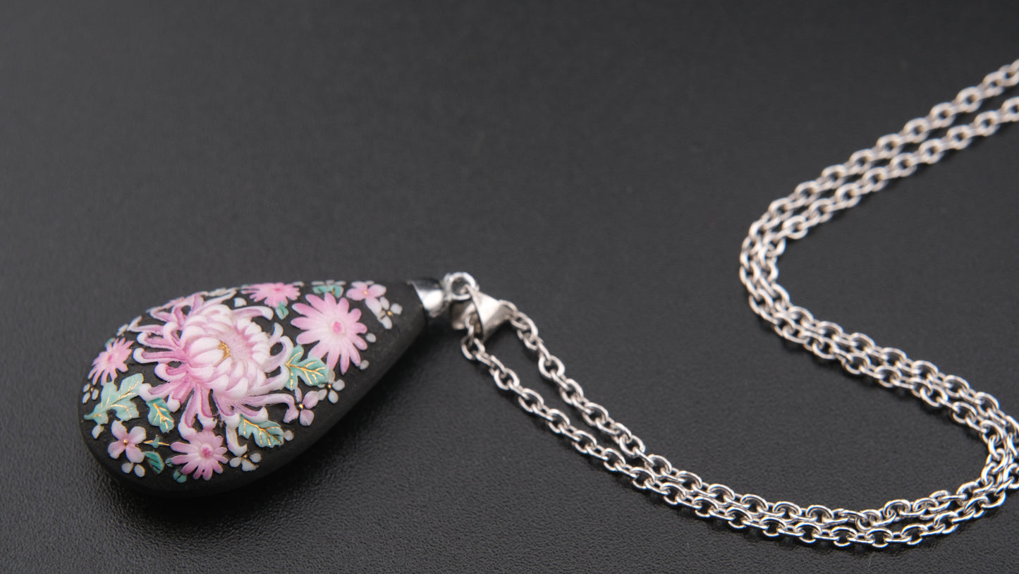 Toshikane Arita Double-Sided Porcelain Chrysanthemum Pendant Necklace with Sterling Silver Chain