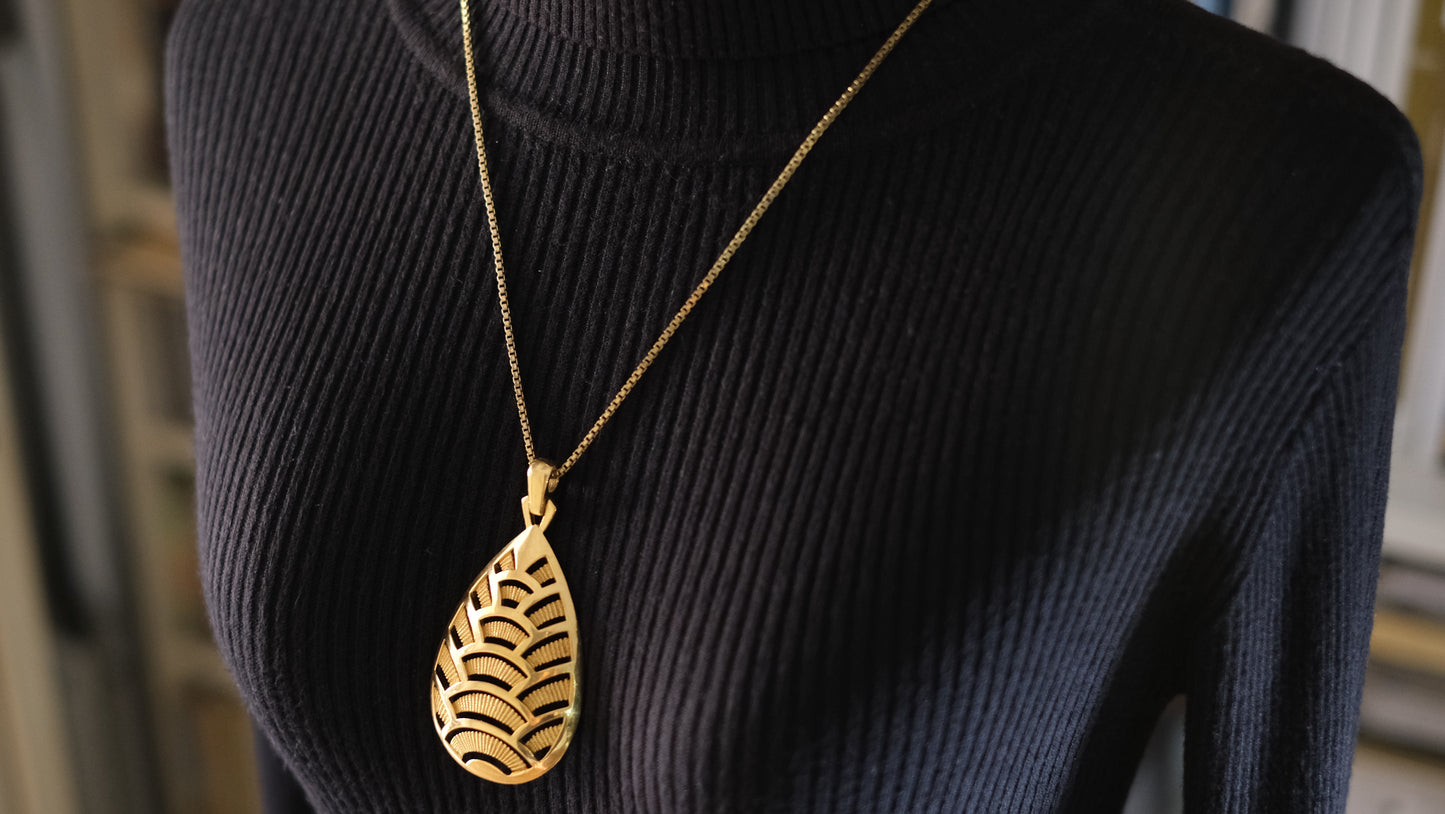 Vintage Crown Trifari Fan Motif Pendant – Gold-Tone Modernist Leaf Design – 1960s Pendant Only
