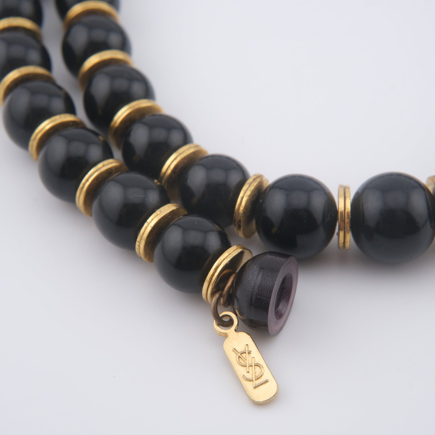 Vintage Yves Saint Laurent Bead Necklace – Black & Deep Red Resin Beads with Gold Accents, 14"