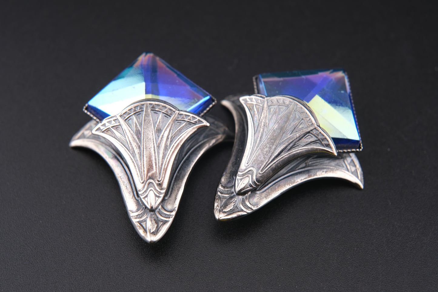 Ermani Bulatti Art Deco Clip-On Earrings with Blue Iridescent Glass