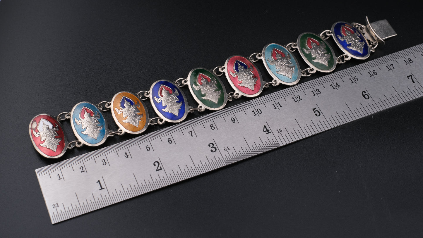 1950s Siam Sterling Dancer Panel Bracelet – Multicolor Enamel on Sterling Silver
