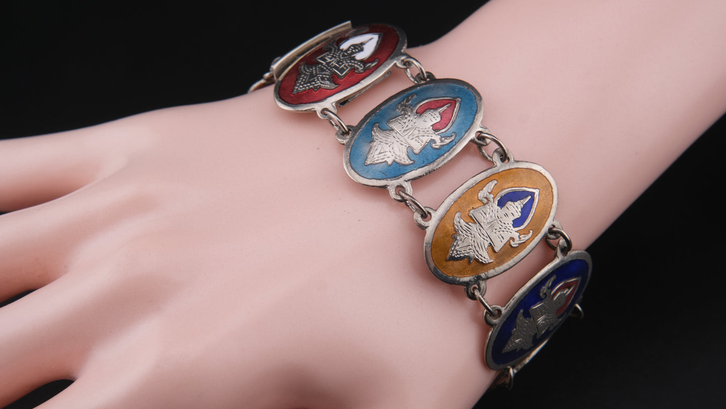 1950s Siam Sterling Dancer Panel Bracelet – Multicolor Enamel on Sterling Silver