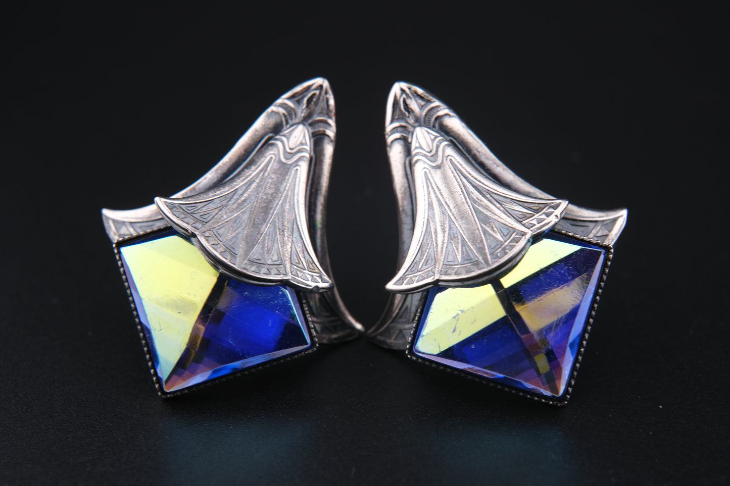 Ermani Bulatti Art Deco Clip-On Earrings with Blue Iridescent Glass