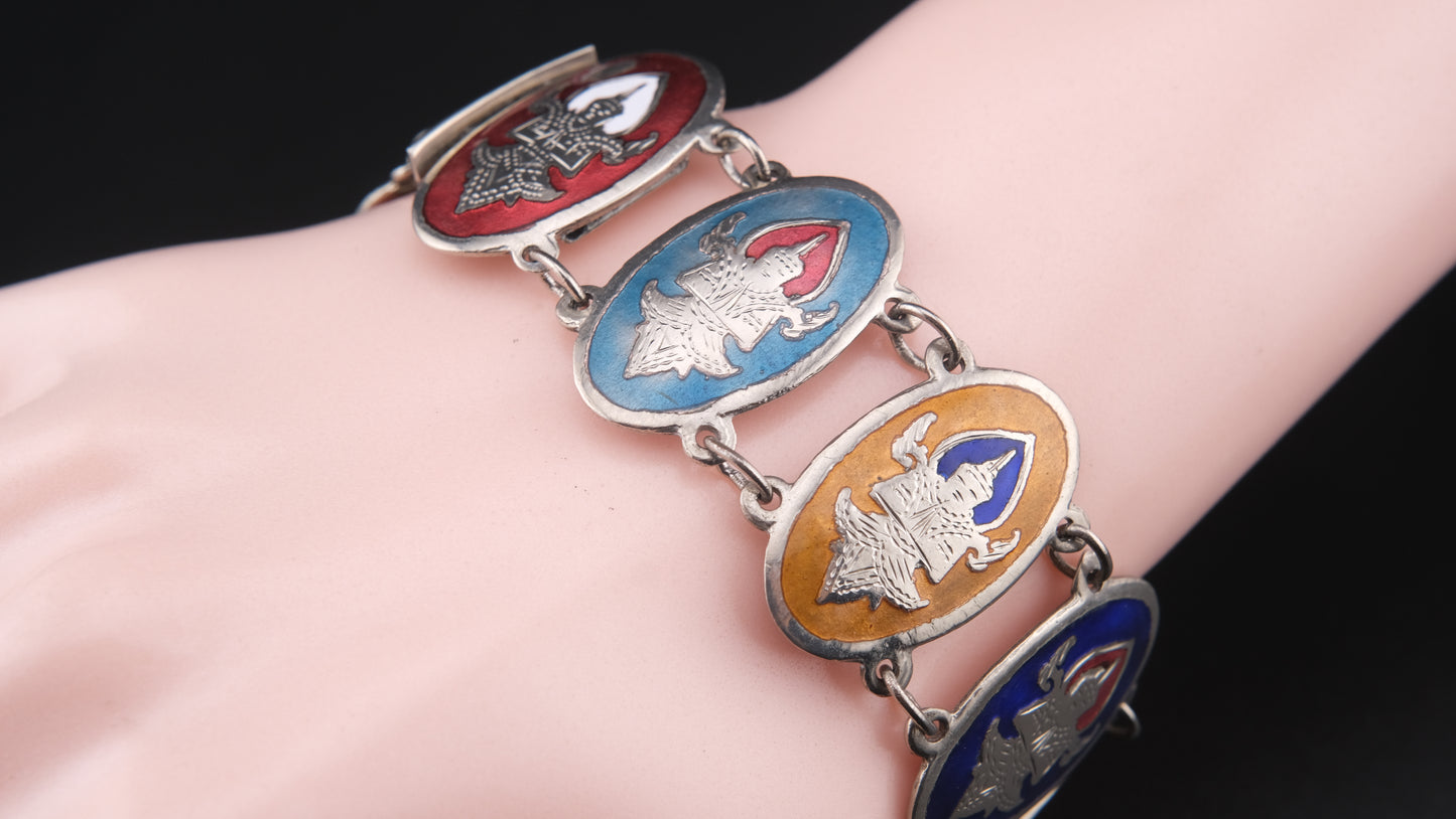 1950s Siam Sterling Dancer Panel Bracelet – Multicolor Enamel on Sterling Silver