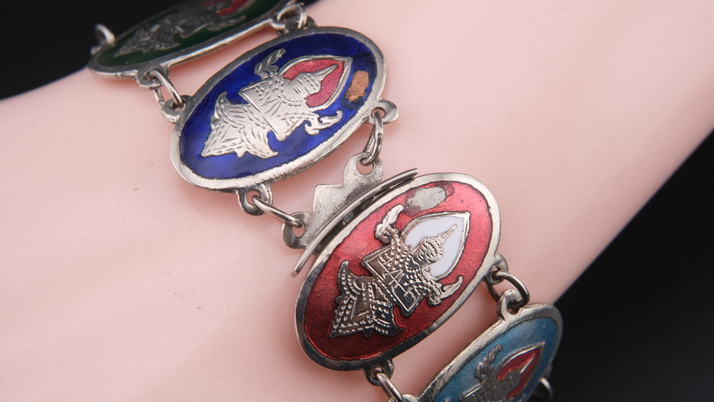 1950s Siam Sterling Dancer Panel Bracelet – Multicolor Enamel on Sterling Silver