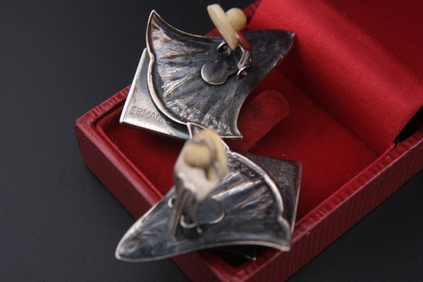 Ermani Bulatti Art Deco Clip-On Earrings with Blue Iridescent Glass