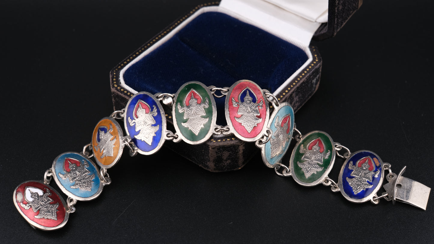 1950s Siam Sterling Dancer Panel Bracelet – Multicolor Enamel on Sterling Silver