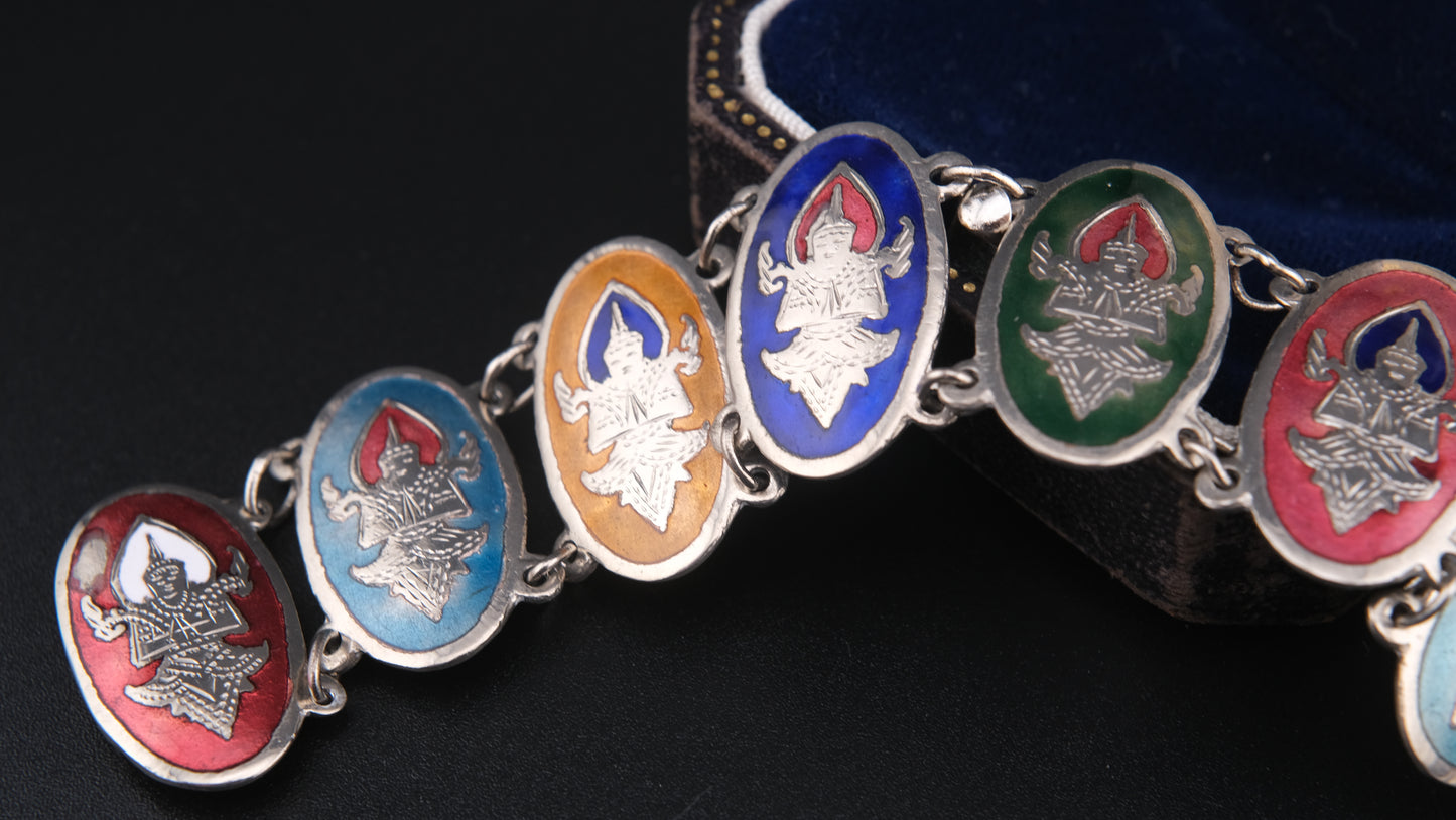 1950s Siam Sterling Dancer Panel Bracelet – Multicolor Enamel on Sterling Silver