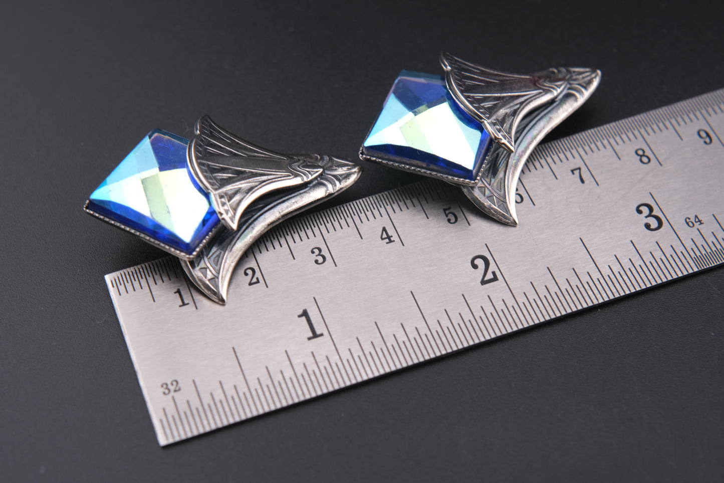 Ermani Bulatti Art Deco Clip-On Earrings with Blue Iridescent Glass