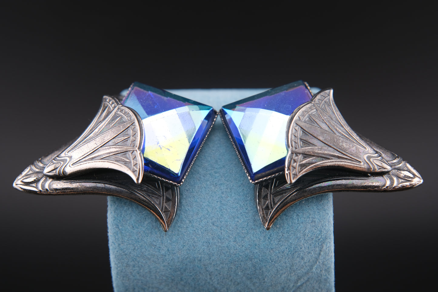 Ermani Bulatti Art Deco Clip-On Earrings with Blue Iridescent Glass