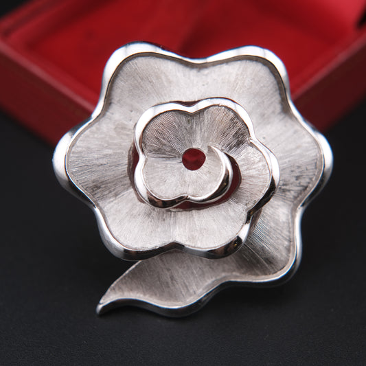 Vintage Crown Trifari Rose Brooch – Silver-Tone Textured Petal Design