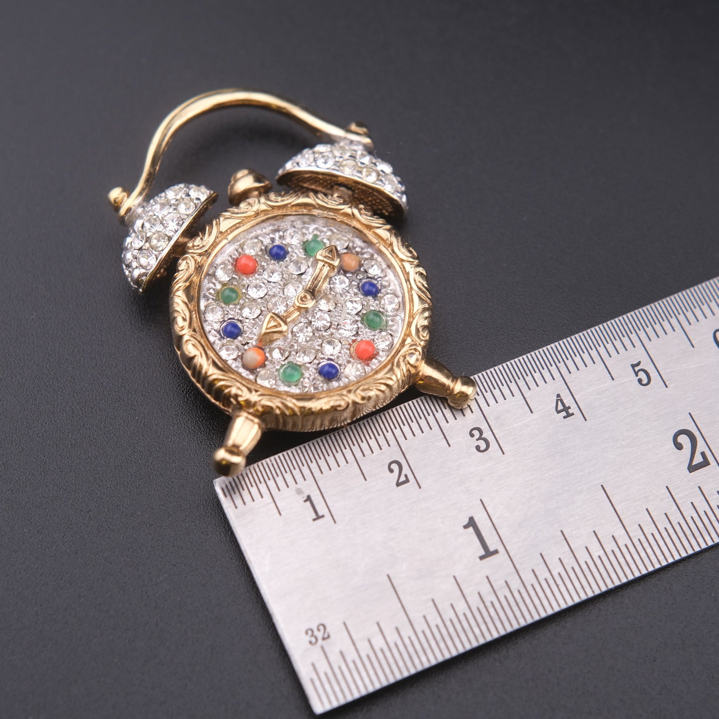 ❤️ Vintage June Alarm Clock Brooch Rhinestones & Colorful Cabochons