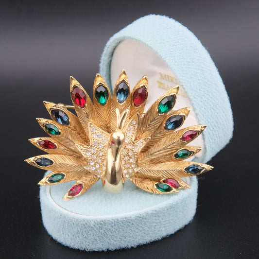 ❤️ Carven Jeweled Peacock Brooch – Gold Tone Multicolor Crystal Fan Design