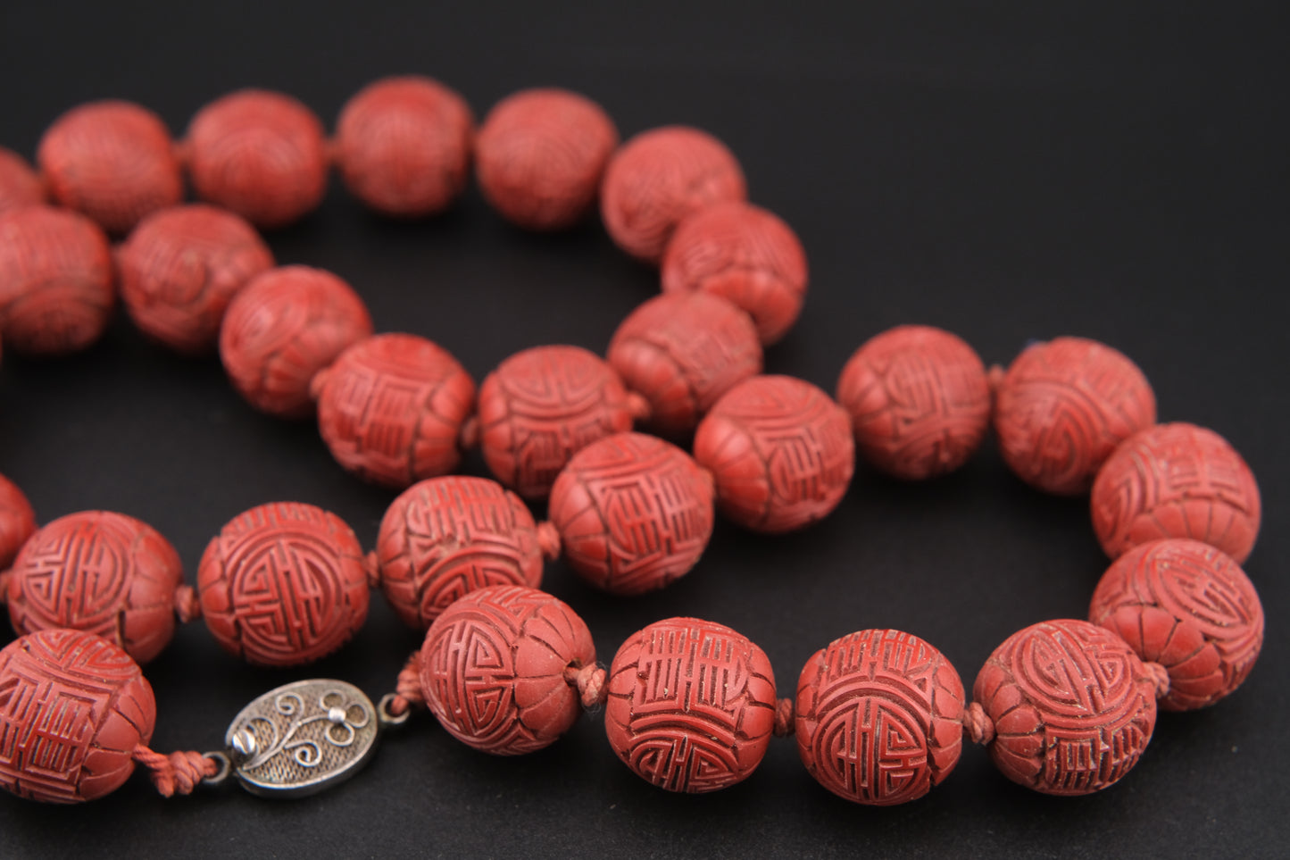 Vintage Chinese Cinnabar Bead Necklace with Sterling Silver Filigree Clasp