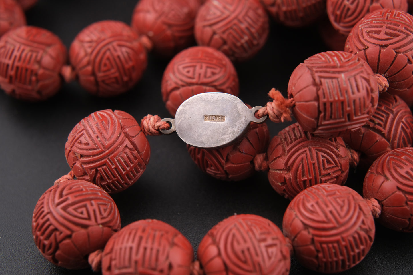 Vintage Chinese Cinnabar Bead Necklace with Sterling Silver Filigree Clasp