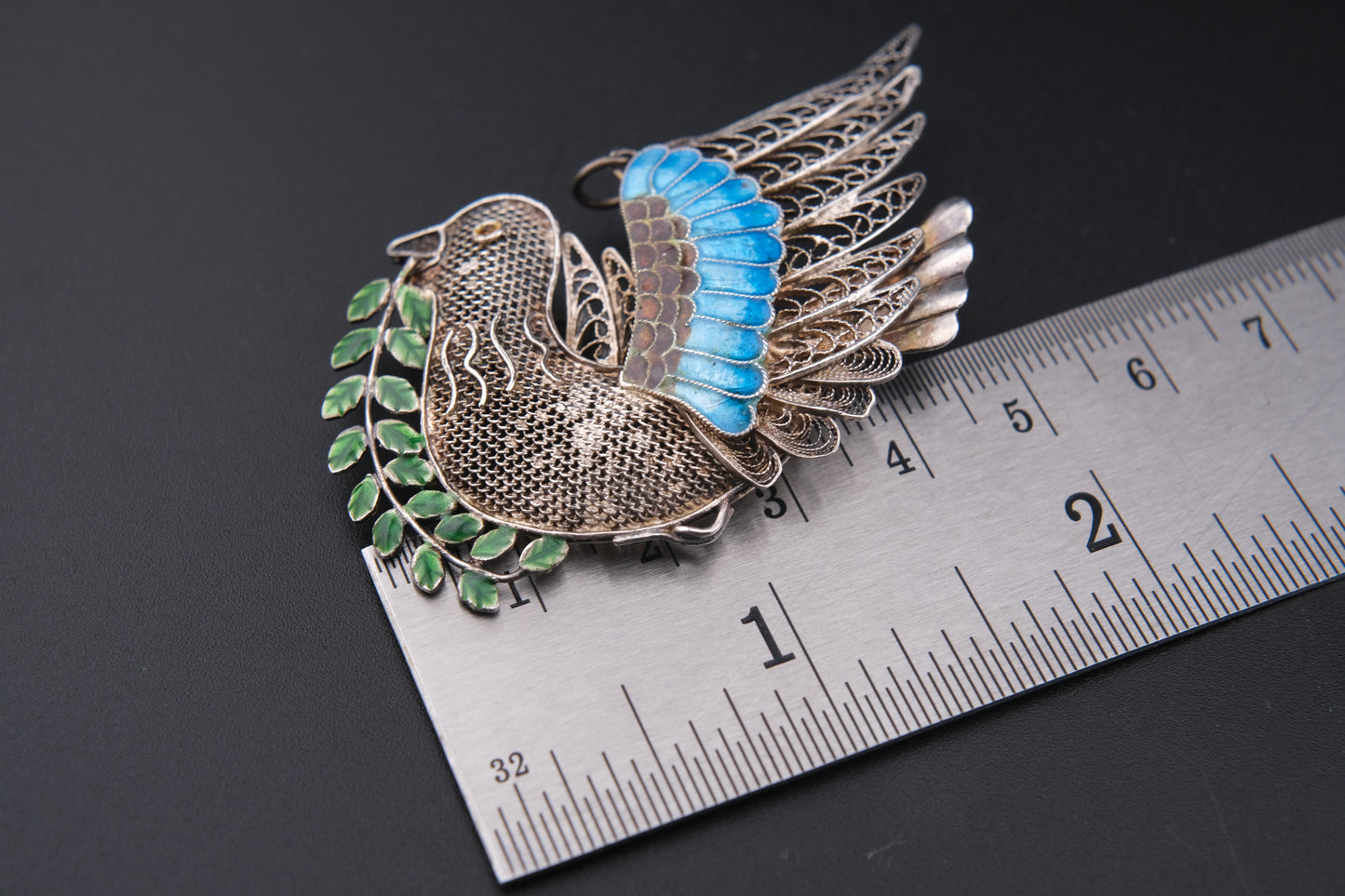 Vintage Chinese Filigree Enamel Bird Brooch Pendant – 925 Silver Dove with Olive Branch – Blue Green Cloisonné Accents