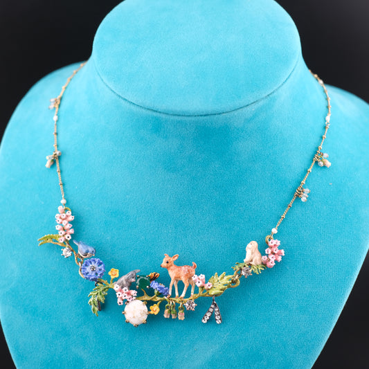 ❤️ Les Néréides Enamel Woodland Charm Necklace with Deer & Floral Motif – 16"