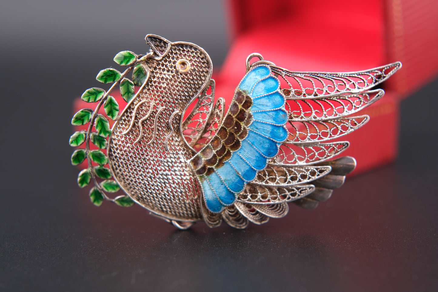 Vintage Chinese Filigree Enamel Bird Brooch Pendant – 925 Silver Dove with Olive Branch – Blue Green Cloisonné Accents