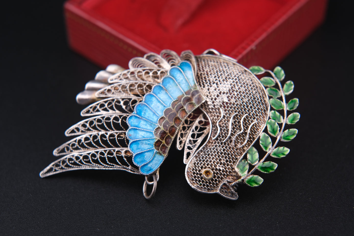 Vintage Chinese Filigree Enamel Bird Brooch Pendant – 925 Silver Dove with Olive Branch – Blue Green Cloisonné Accents