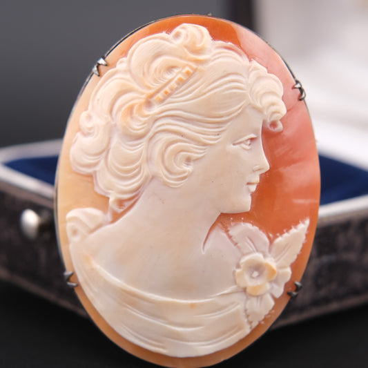 Antique Shell Cameo Brooch & Pendant – Hand-Carved Lady Portrait in Silver 800