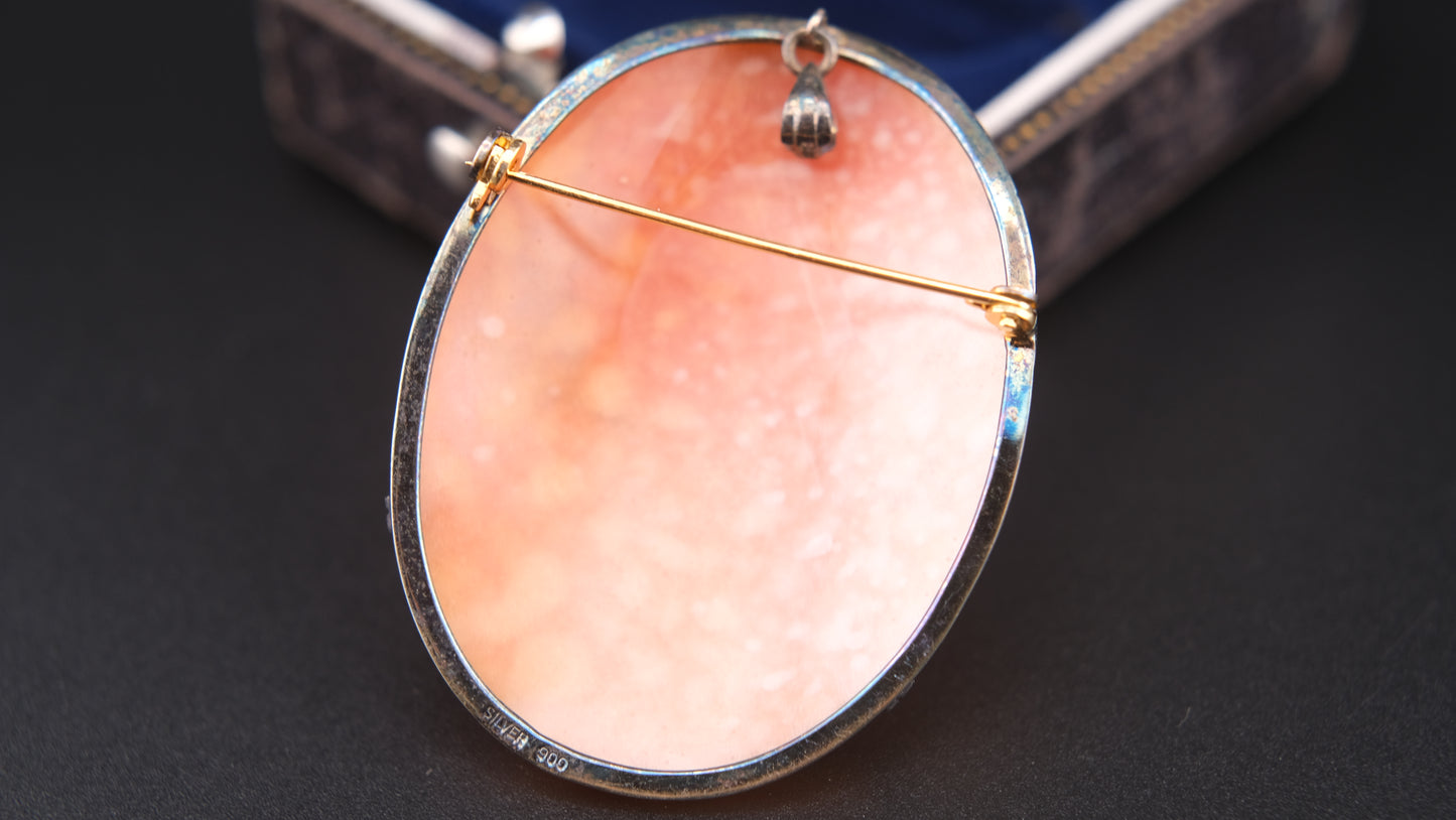 Antique Shell Cameo Brooch & Pendant – Hand-Carved Lady Portrait in Silver 800