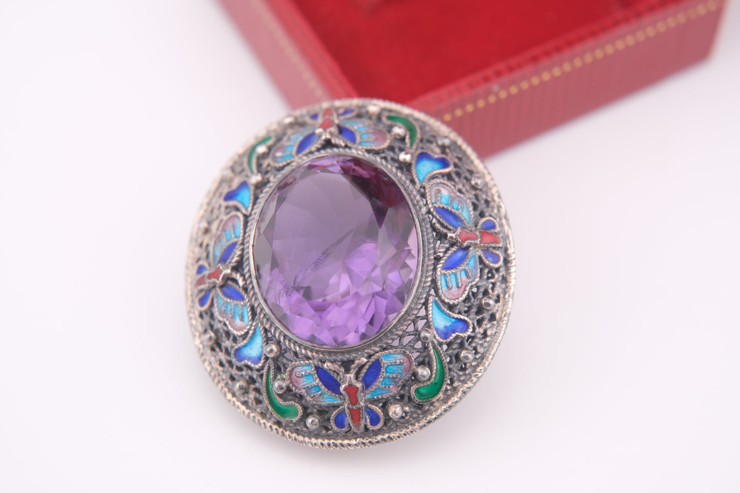 Chinese Export Amethyst Brooch – Silver Filigree with Enamel Butterflies