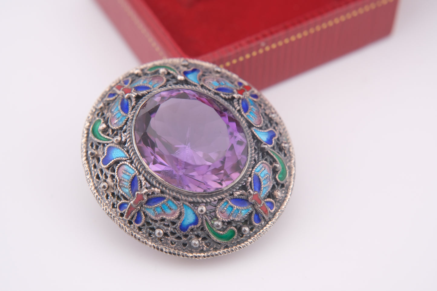 Chinese Export Amethyst Brooch – Silver Filigree with Enamel Butterflies
