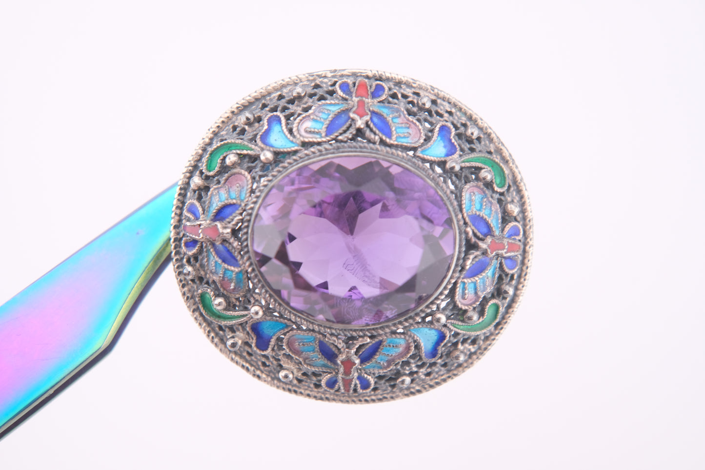 Chinese Export Amethyst Brooch – Silver Filigree with Enamel Butterflies