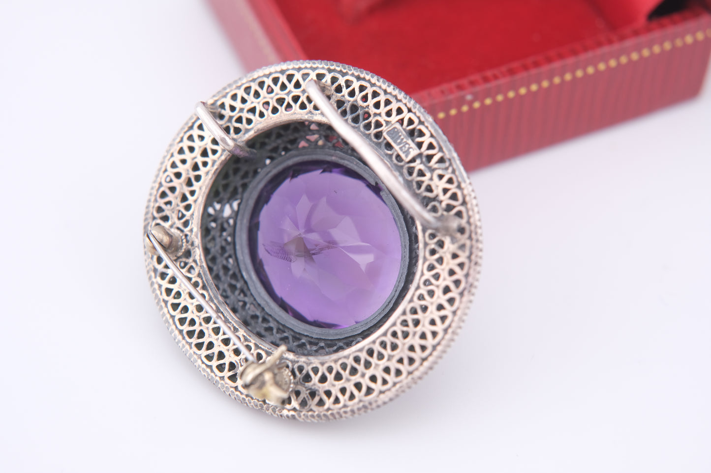 Chinese Export Amethyst Brooch – Silver Filigree with Enamel Butterflies