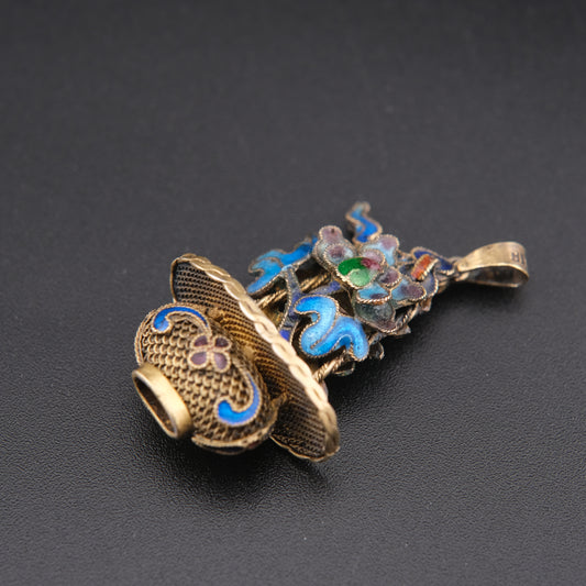 ❤️ Antique Vintage Silver Enamel Pendant – Floral Basket Design (Chain Not Included)