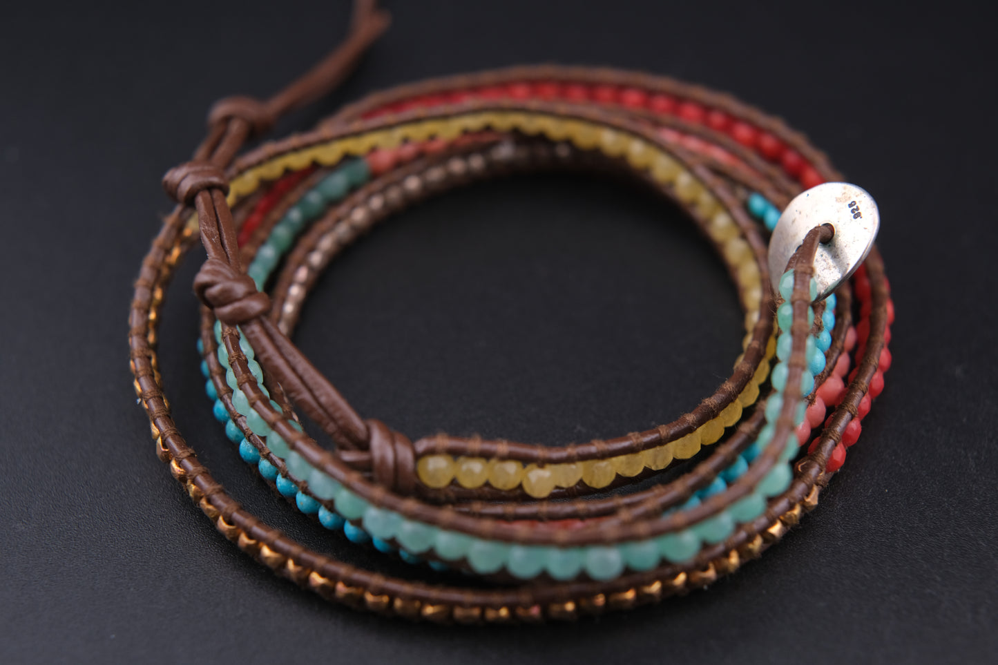 Chan Luu Multicolor Beaded Wrap Bracelet – Sterling Silver Button & Nuggets, Adjustable 32–34"