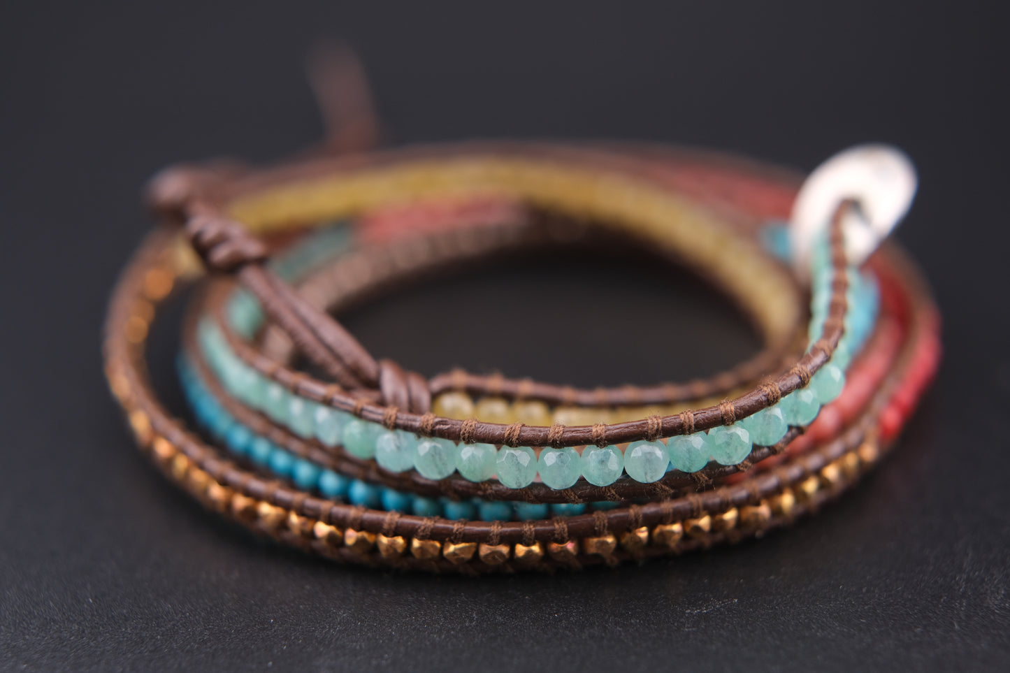 Chan Luu Multicolor Beaded Wrap Bracelet – Sterling Silver Button & Nuggets, Adjustable 32–34"