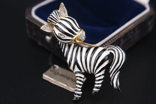 Signed Vogue Bijoux Vintage Zebra Brooch Pin – Enamel, Rhinestone,