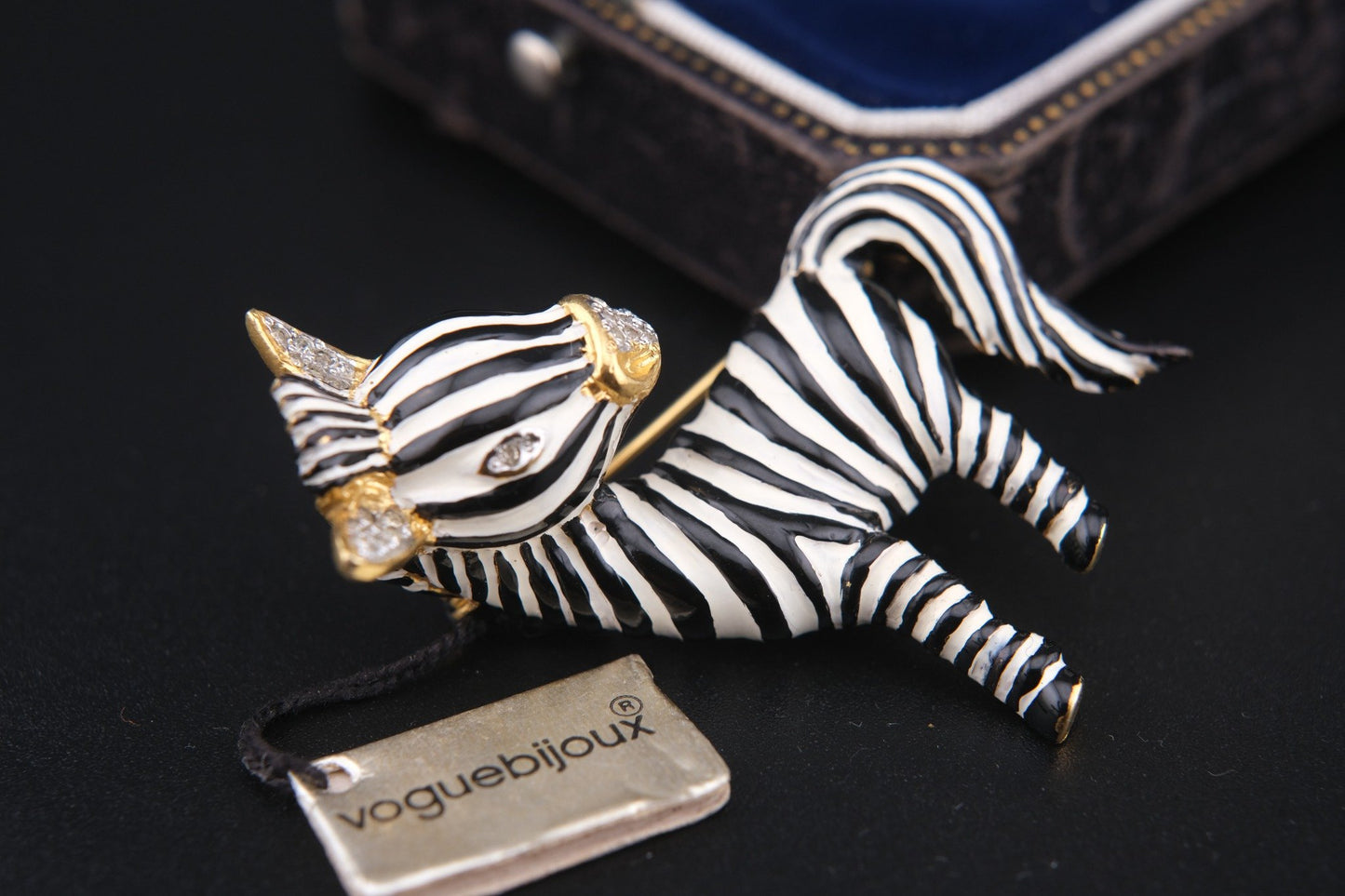 Signed Vogue Bijoux Vintage Zebra Brooch Pin – Enamel, Rhinestone,