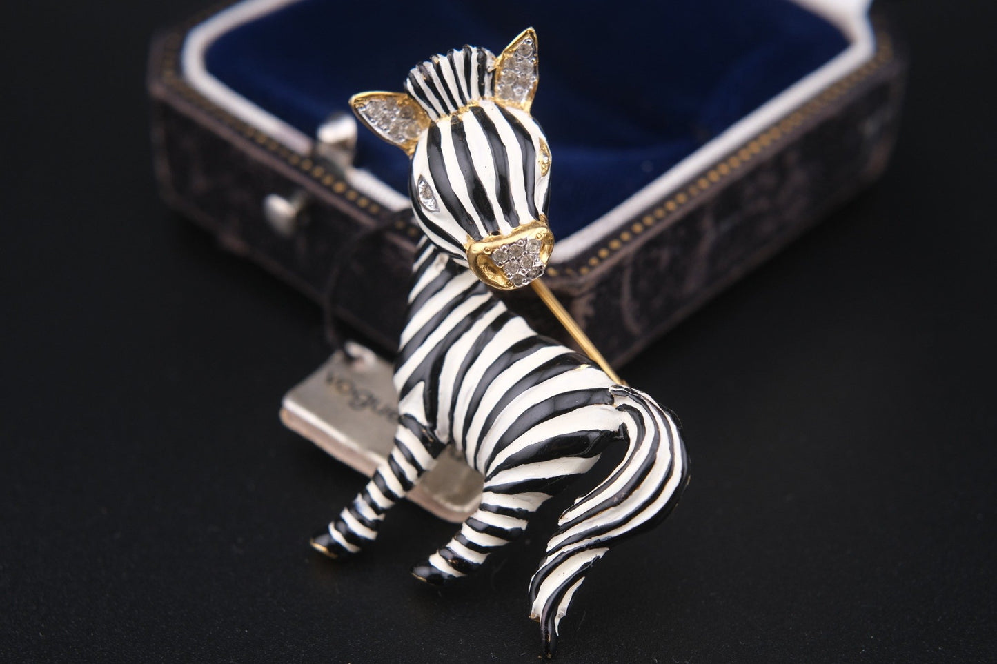 Signed Vogue Bijoux Vintage Zebra Brooch Pin – Enamel, Rhinestone,