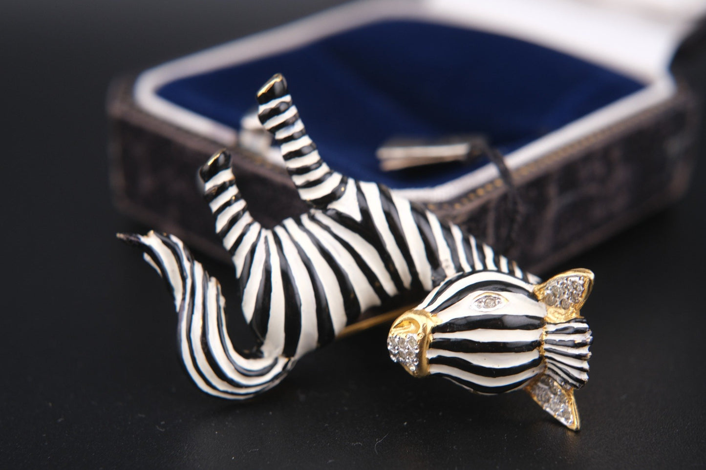 Signed Vogue Bijoux Vintage Zebra Brooch Pin – Enamel, Rhinestone,