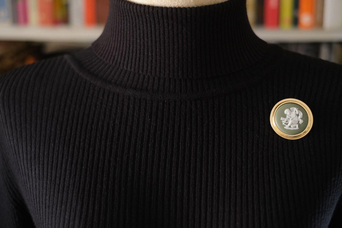 Vintage Wedgwood Jasperware Cameo Brooch – Green & White Cupid Motif with Gold-Tone Frame