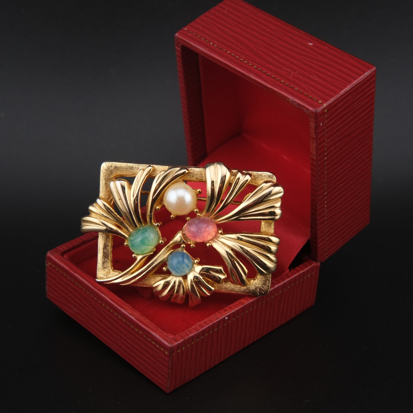 Vintage Richelieu Gold-Tone Floral Brooch with Pastel Cabochons & Faux Pearl