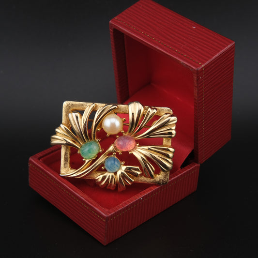 Vintage Richelieu Gold-Tone Floral Brooch with Pastel Cabochons & Faux Pearl