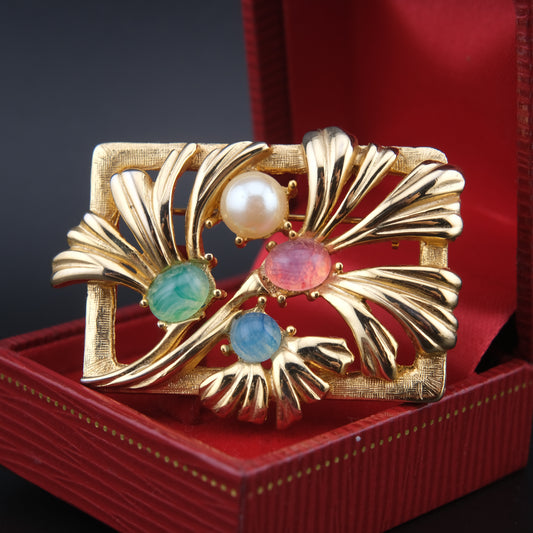 Vintage Richelieu Gold-Tone Floral Brooch with Pastel Cabochons & Faux Pearl