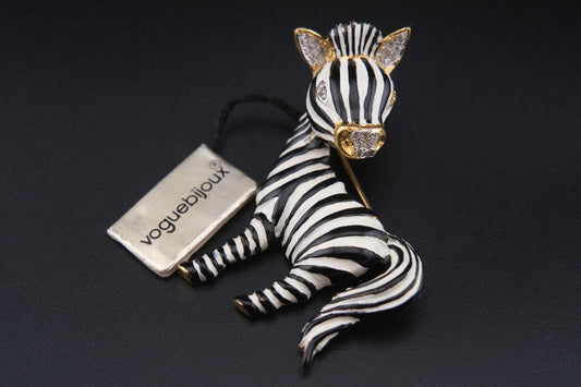 Signed Vogue Bijoux Vintage Zebra Brooch Pin – Enamel, Rhinestone,