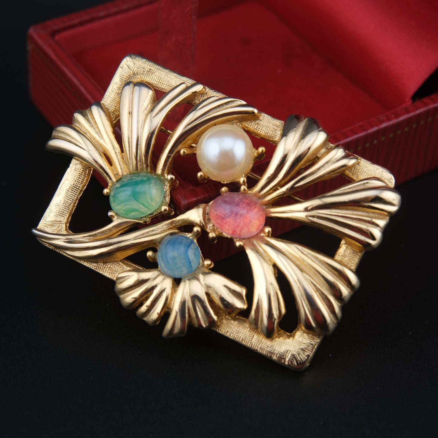 Vintage Richelieu Gold-Tone Floral Brooch with Pastel Cabochons & Faux Pearl