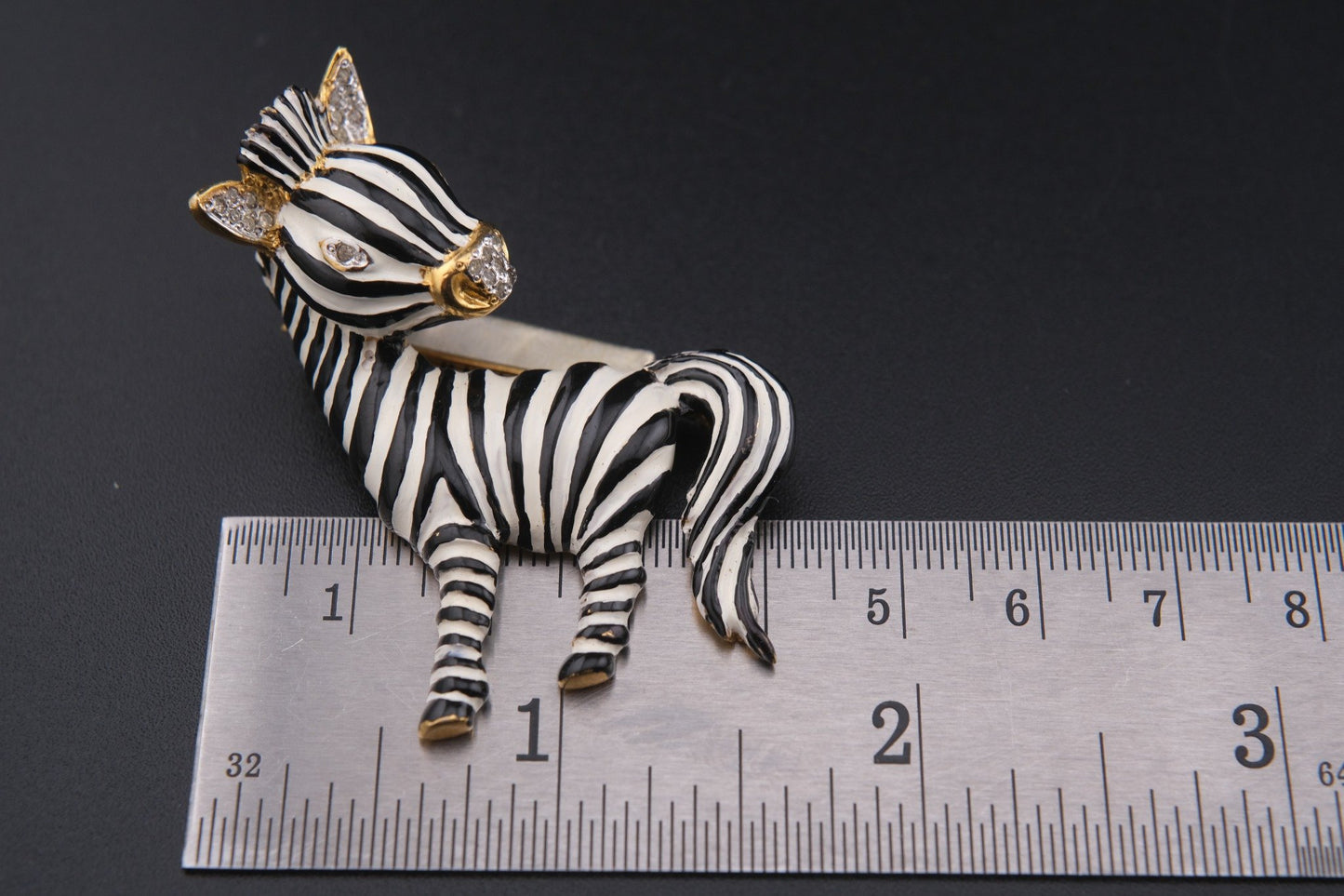 Signed Vogue Bijoux Vintage Zebra Brooch Pin – Enamel, Rhinestone,