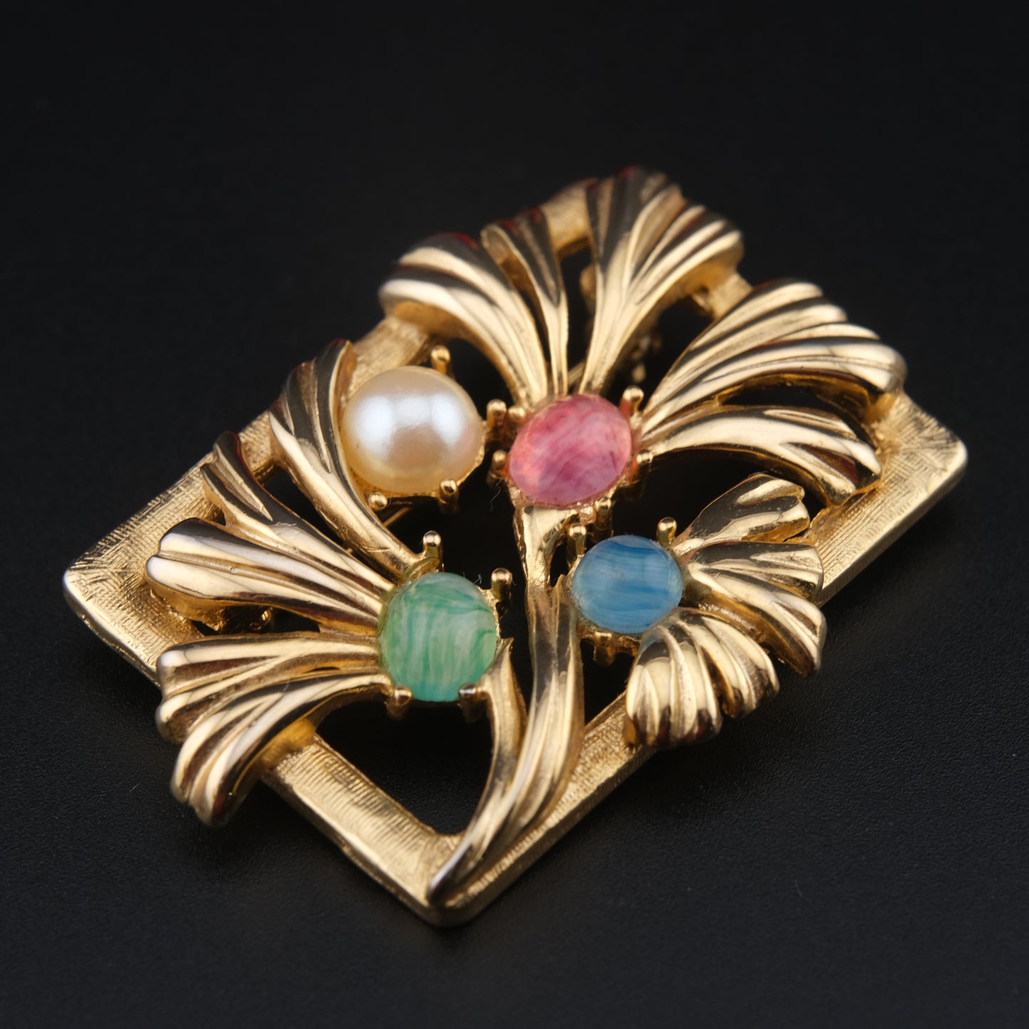 Vintage Richelieu Gold-Tone Floral Brooch with Pastel Cabochons & Faux Pearl