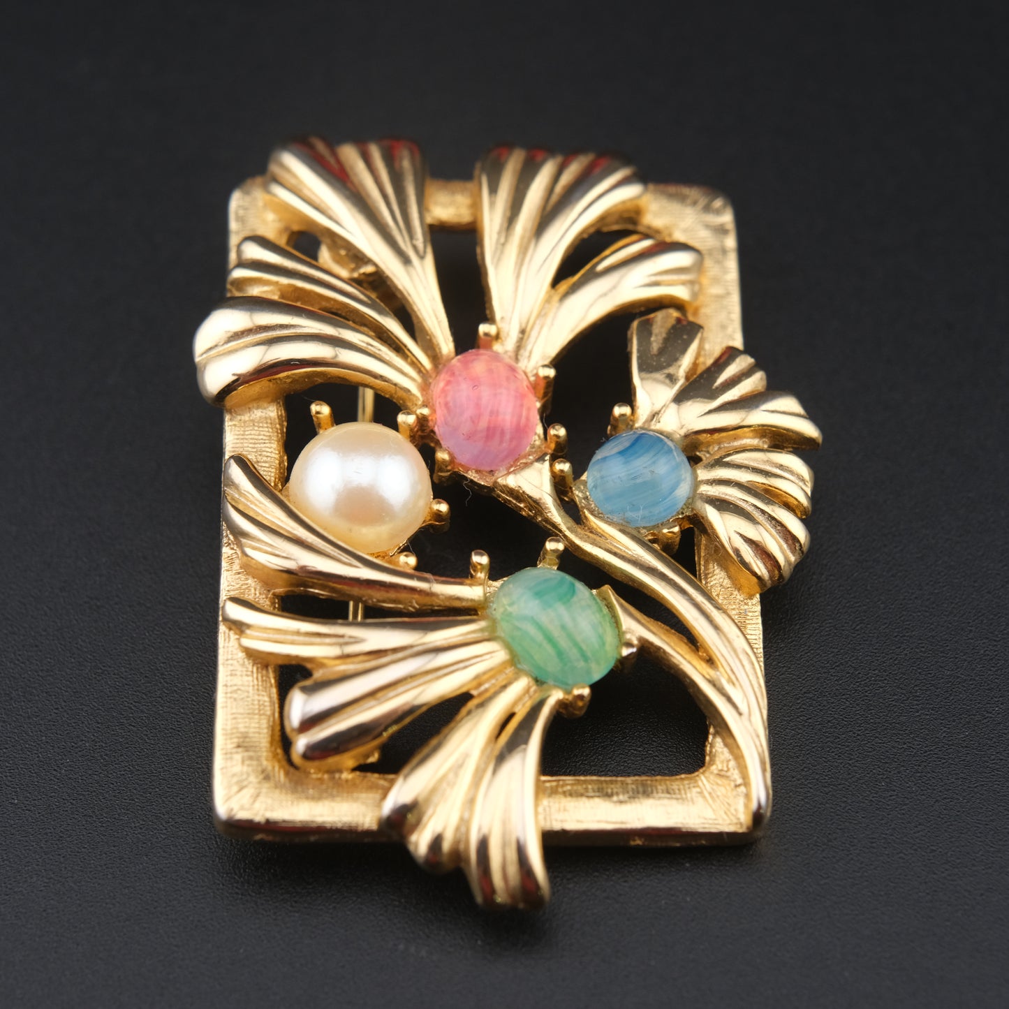 Vintage Richelieu Gold-Tone Floral Brooch with Pastel Cabochons & Faux Pearl